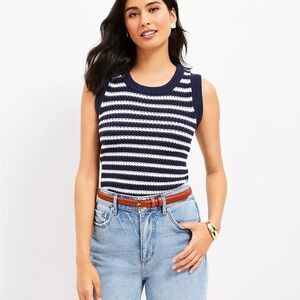 LOFT Blue and White Ribbed Sleeveless Tank Top
